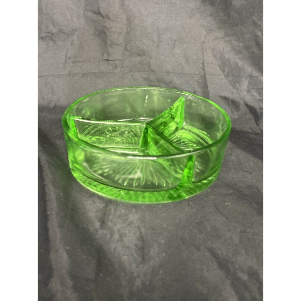 Green Vaseline Glass Dish, 3 Divided Sections, 1.5" x 5", Candy Relish Dish